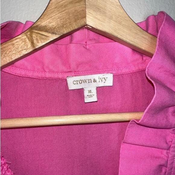 Crown & Ivy Solid Pink Ruffle Neck Long Sleeve Top Size XL Peasant Prep - Picture 3 of 6